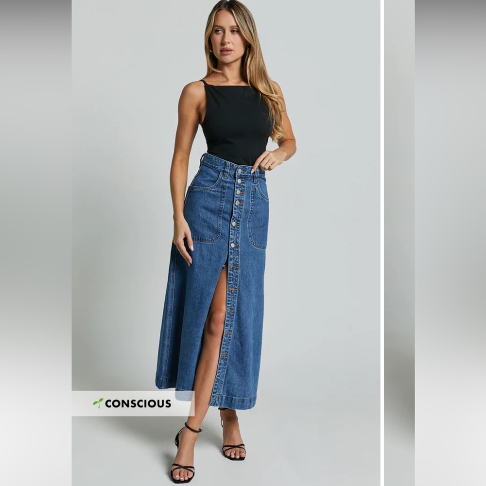 Showpo Alisa Midi Skirt- Ultra High-waisted Dark Blue Denim